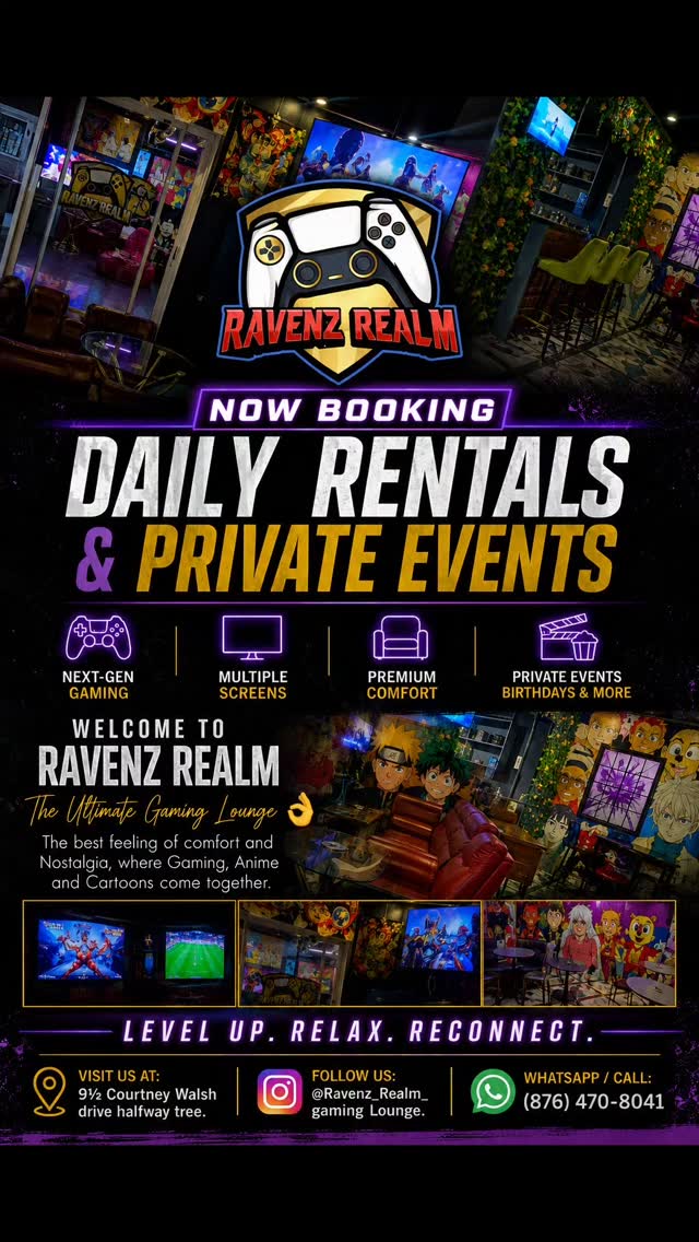 Ravenz Realm booking flyer: daily rentals and private events, next-gen gaming, multiple screens, premium comfort