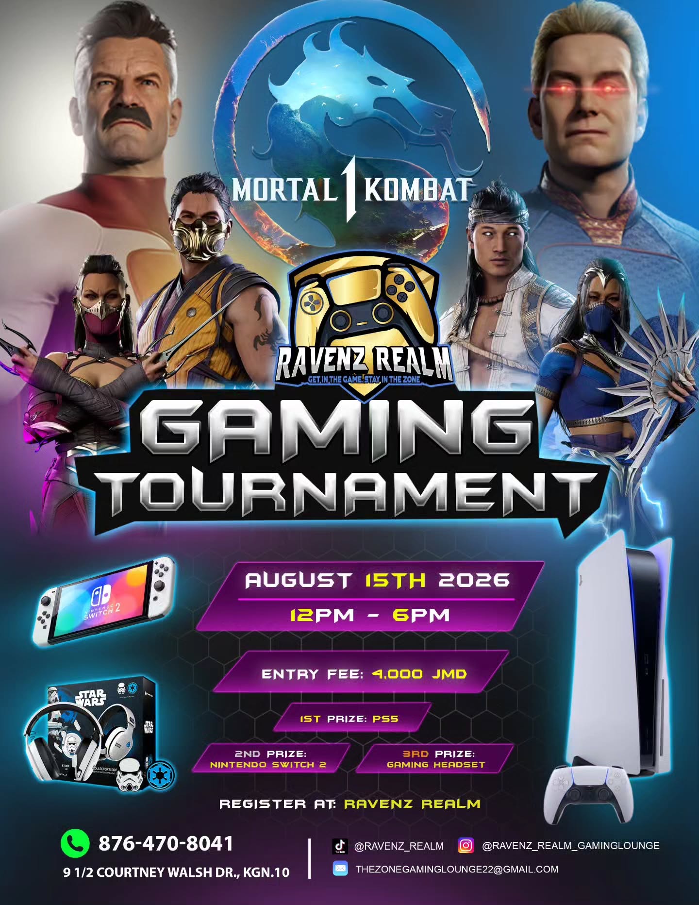 Official Ravenz Realm Mortal Kombat 1 tournament flyer: 15 August 2026, 12pm to 6pm, 4,000 JMD entry